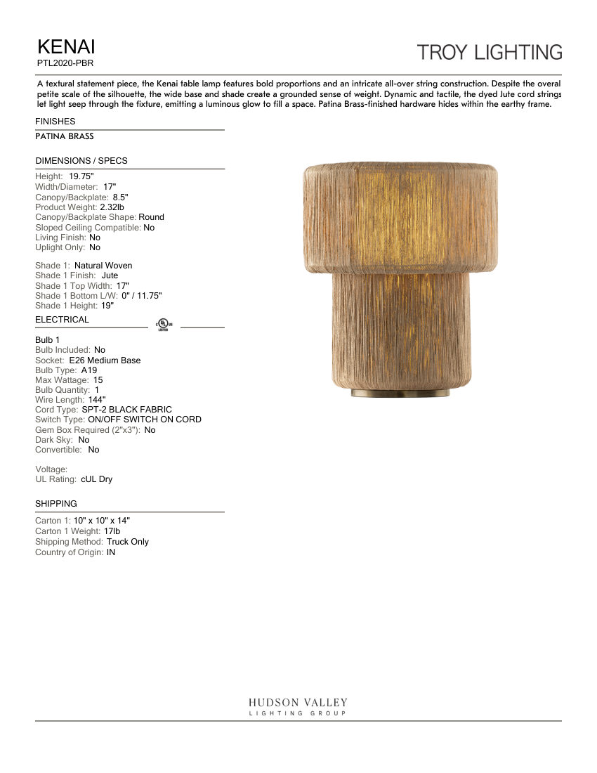 Troy Lighting PTL2020-PBR cut sheet — first page