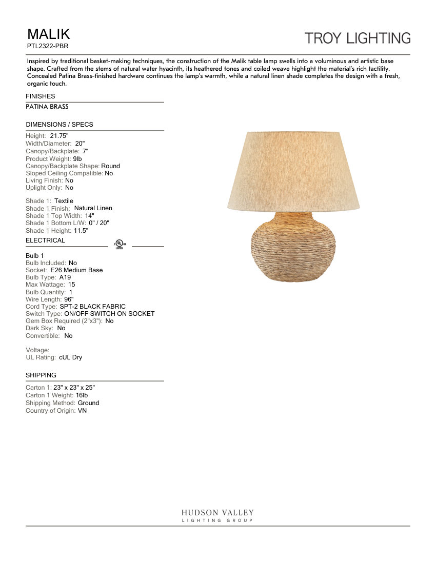 Troy Lighting PTL2322-PBR cut sheet — first page