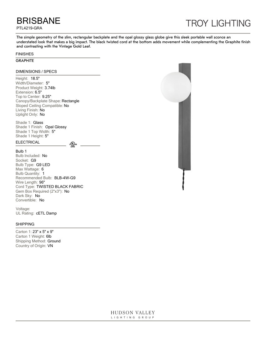 Troy Lighting PTL4219-GRA cut sheet — first page