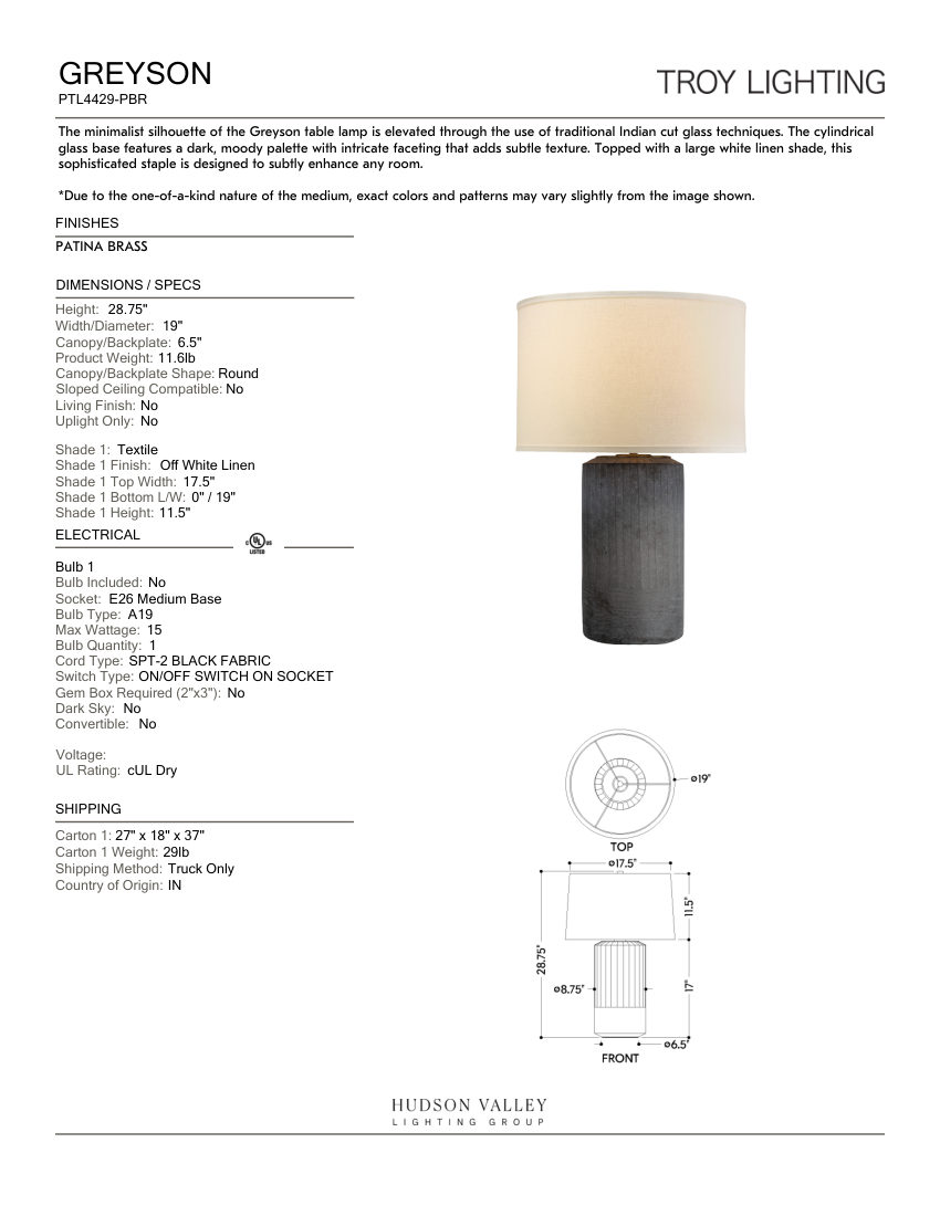Troy Lighting PTL4429-PBR cut sheet — first page