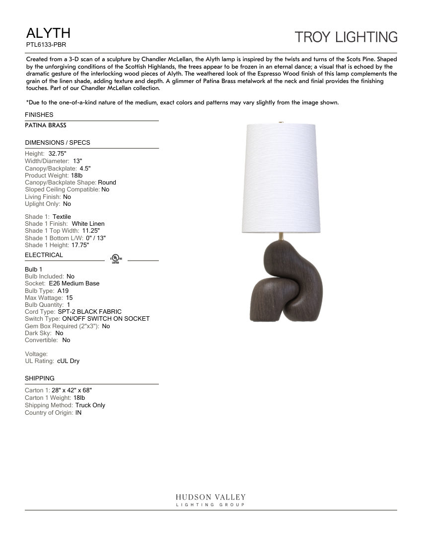 Troy Lighting PTL6133-PBR cut sheet — first page