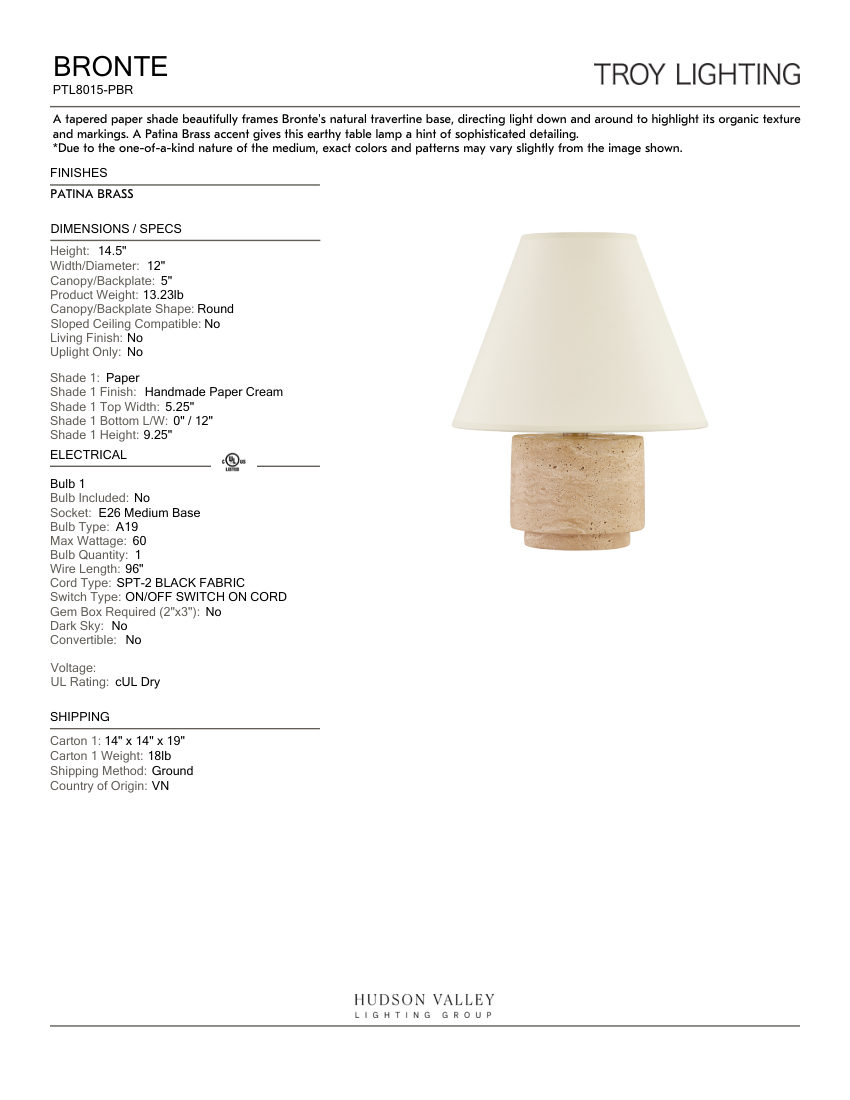 Troy Lighting PTL8015-PBR cut sheet — first page