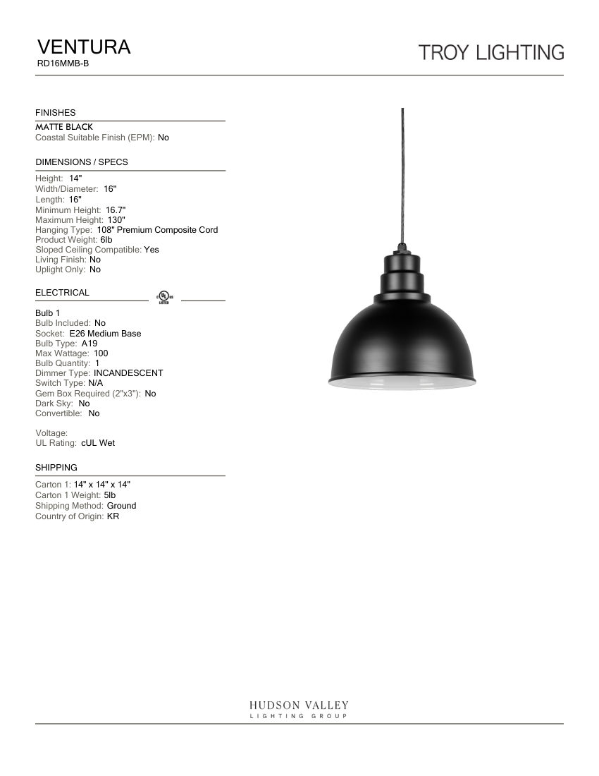 Troy Lighting RD16MMB-B cut sheet — first page