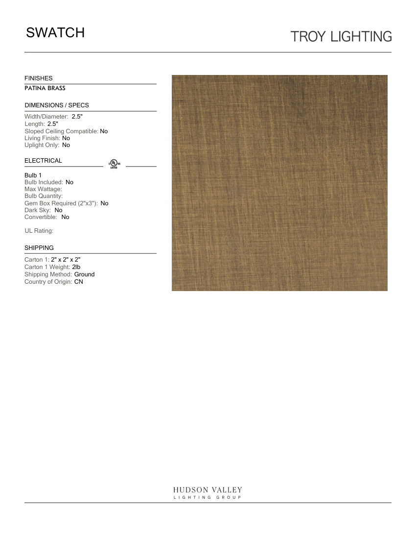 Troy Lighting SWA-SWATCH-PBR-TROY cut sheet — first page