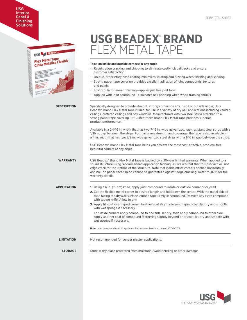 USG Beadex® Brand Flex Metal Tape Submittal Sheet (English) cut sheet — first page