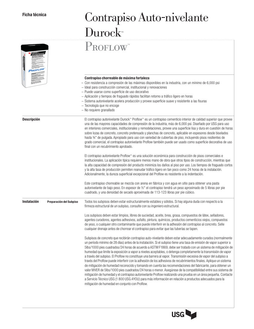 USG Contrapiso Auto-nivelante Durock™ Hoja de Presentación (Esp cut sheet — first page