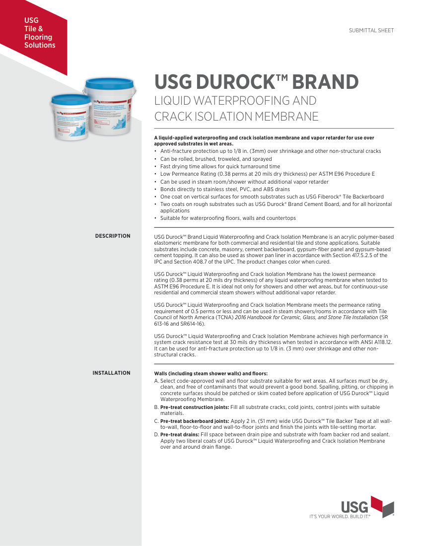 USG DUROCK-1 gallon (3.78 L) cut sheet — first page