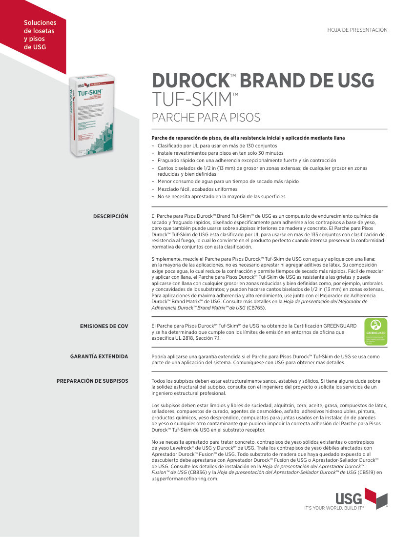 USG Durock™ Brand de USG Tuf-Skim™ Parche para Pisos Hoja de Pre cut sheet — first page