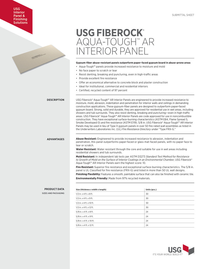 USG FIBEROCK Aqua-Tough AR/1/2x4x8 cut sheet — first page