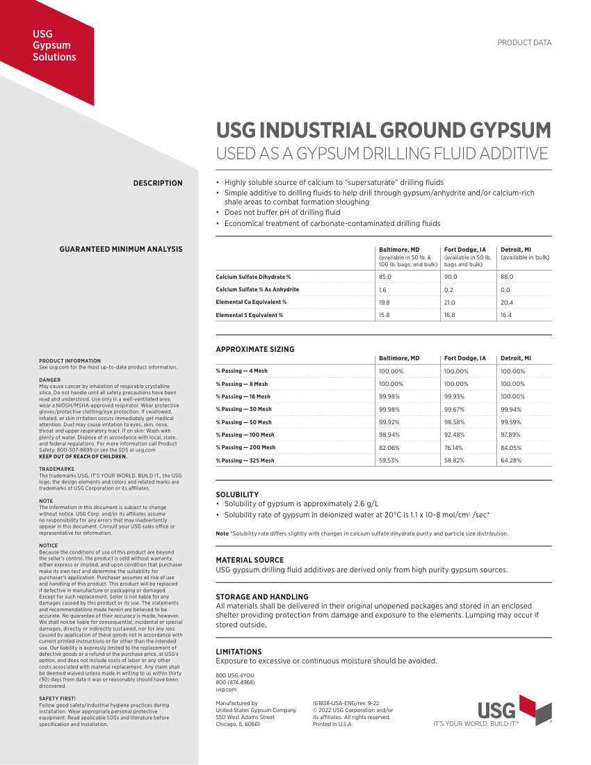 USG IG1838 cut sheet — first page