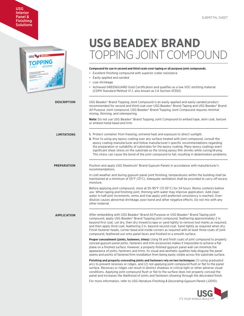 USG J289946 cut sheet — first page