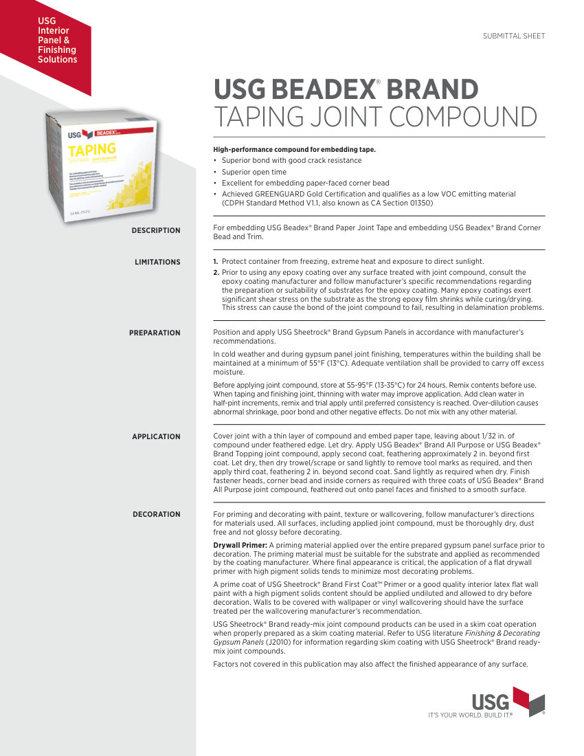 USG J289952 cut sheet — first page