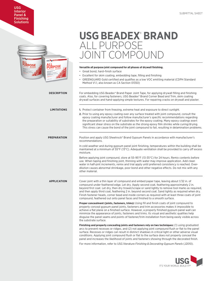 USG J289958 cut sheet — first page