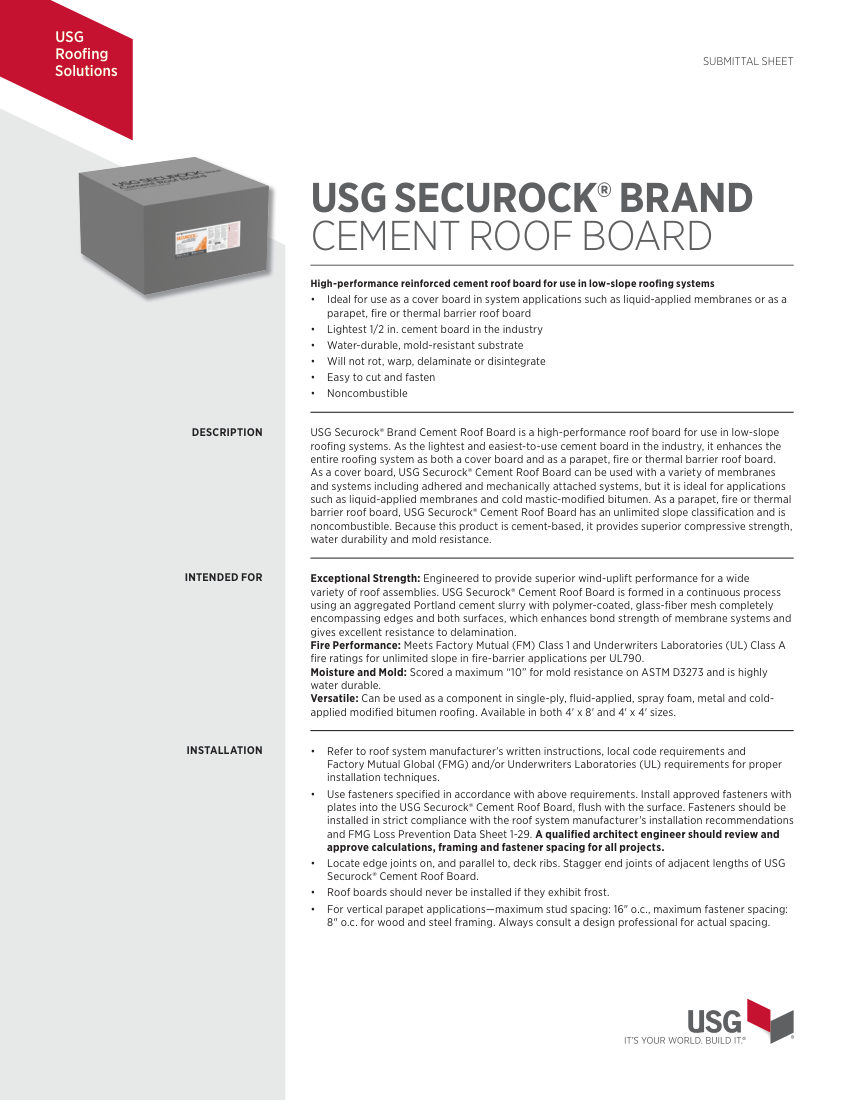 USG Roofing USG Securock Brand Cement Roof Board Submittal Sheet cut sheet — first page
