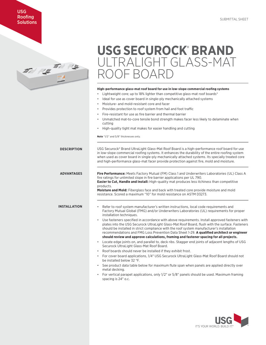 USG Roofing USG Securock Brand Ultralight Glass-Mat Roof Board S cut sheet — first page