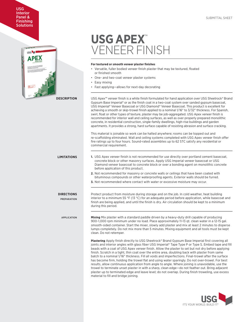 USG USG Apex™ Veneer Finish Submittal Sheet (English) - P853 cut sheet — first page