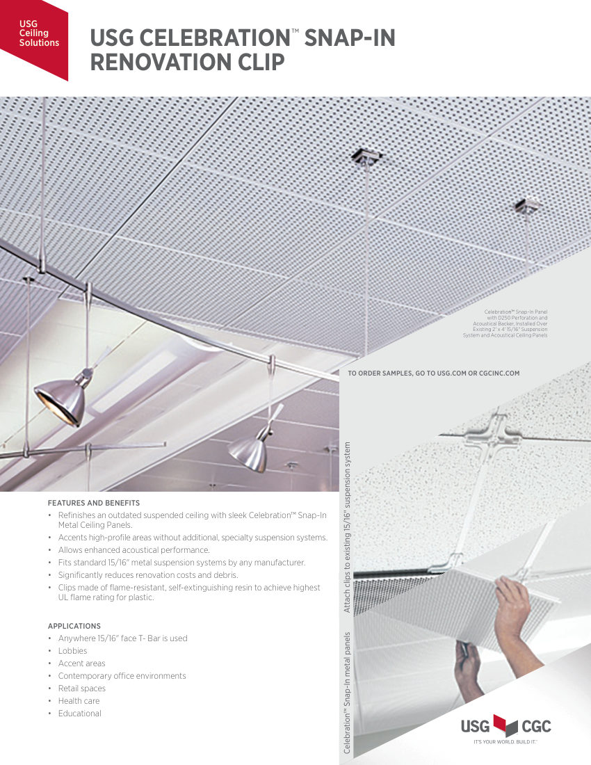 USG USG Celebration™ Snap-In Renovation Clip cut sheet — first page
