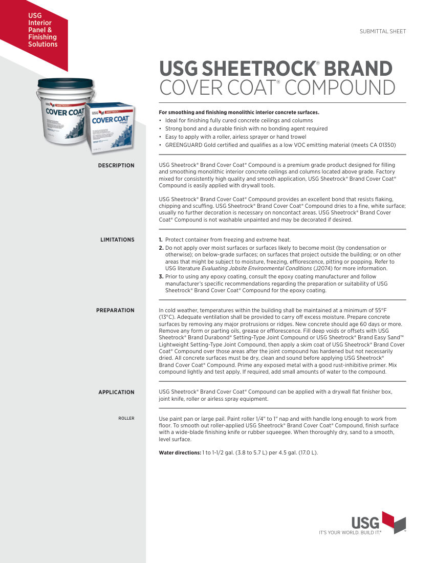 USG USG Cover Coat® Compound Submittal Sheet (English) - J59 cut sheet — first page
