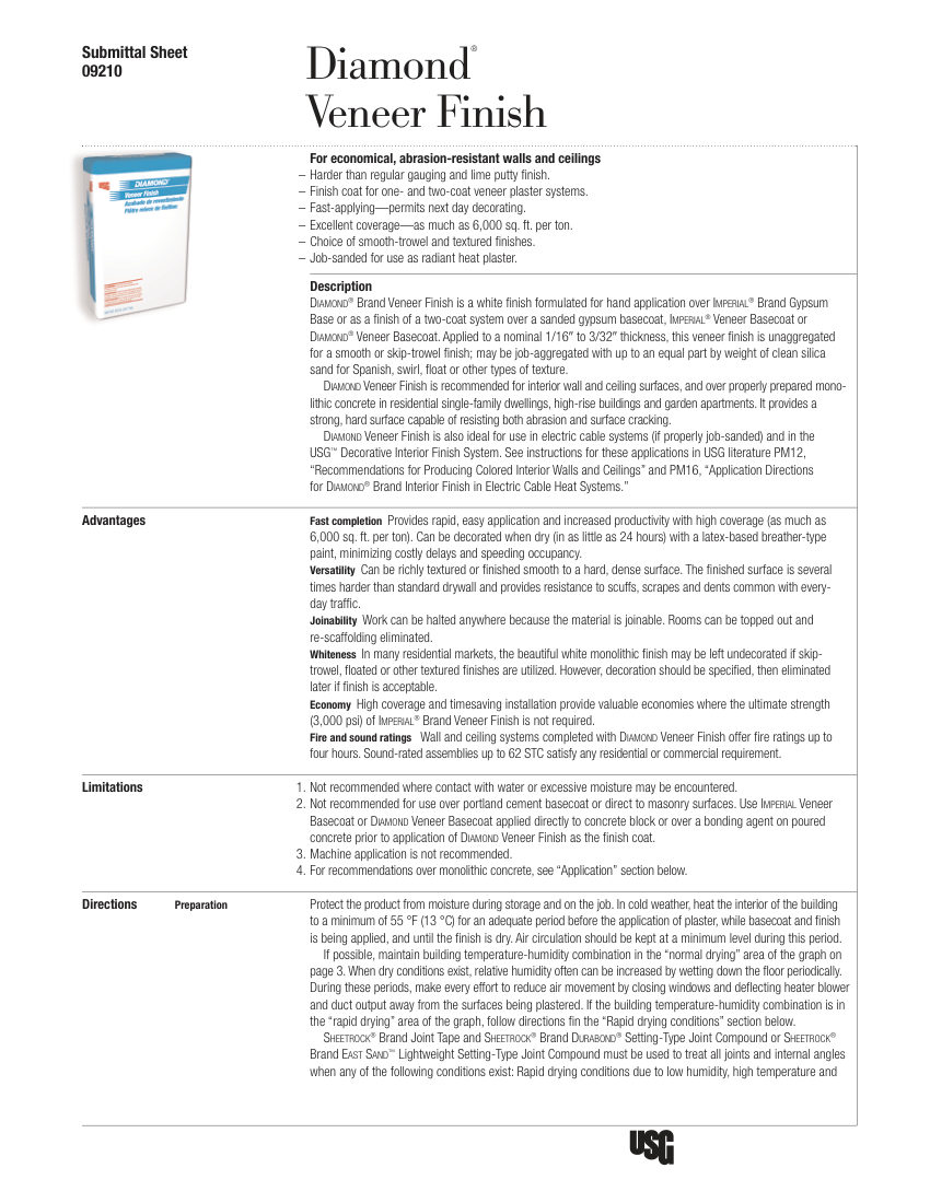 USG USG Diamond® Interior Finish Plaster Submittal Sheet (Englis cut sheet — first page