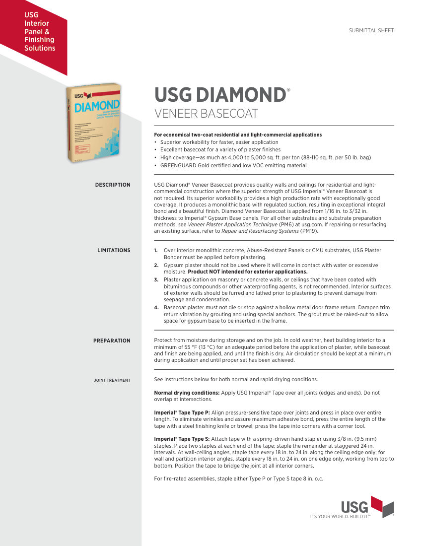 USG USG Diamond® Veneer Basecoat Plaster Submittal Sheet (Englis cut sheet — first page