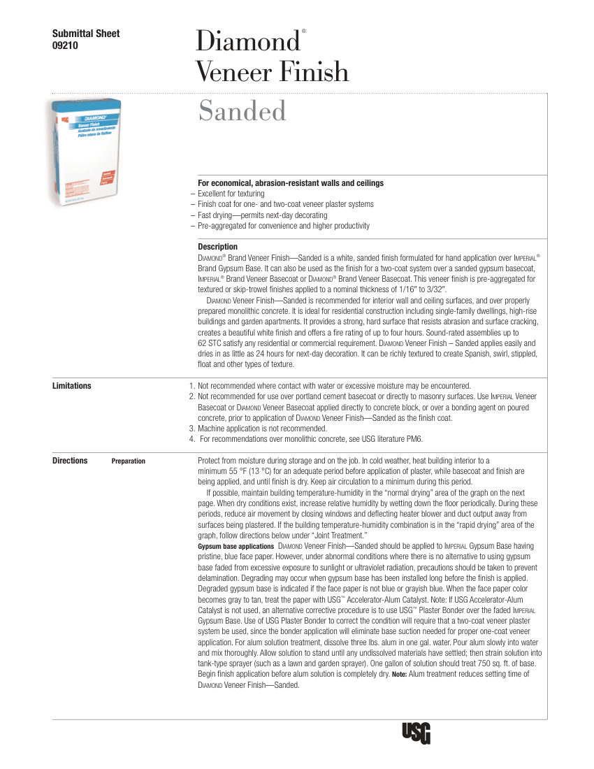 USG USG Diamond® Veneer Finish - Sanded Submittal Sheet (English cut sheet — first page