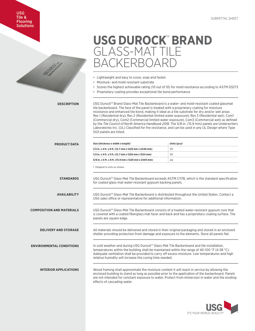 USG USG Durock™ Brand Glass-Mat Tile Backerboard Submittal Sheet cut sheet — first page