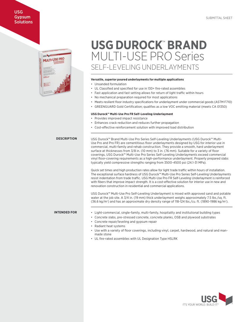 USG USG Durock™ Brand Multi-Use Pro Series Self-Leveling Underla cut sheet — first page