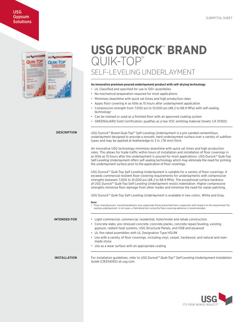 USG USG Durock™ Brand Quik-Top™ and Quik-Top™ Gray Self-Leveling cut sheet — first page