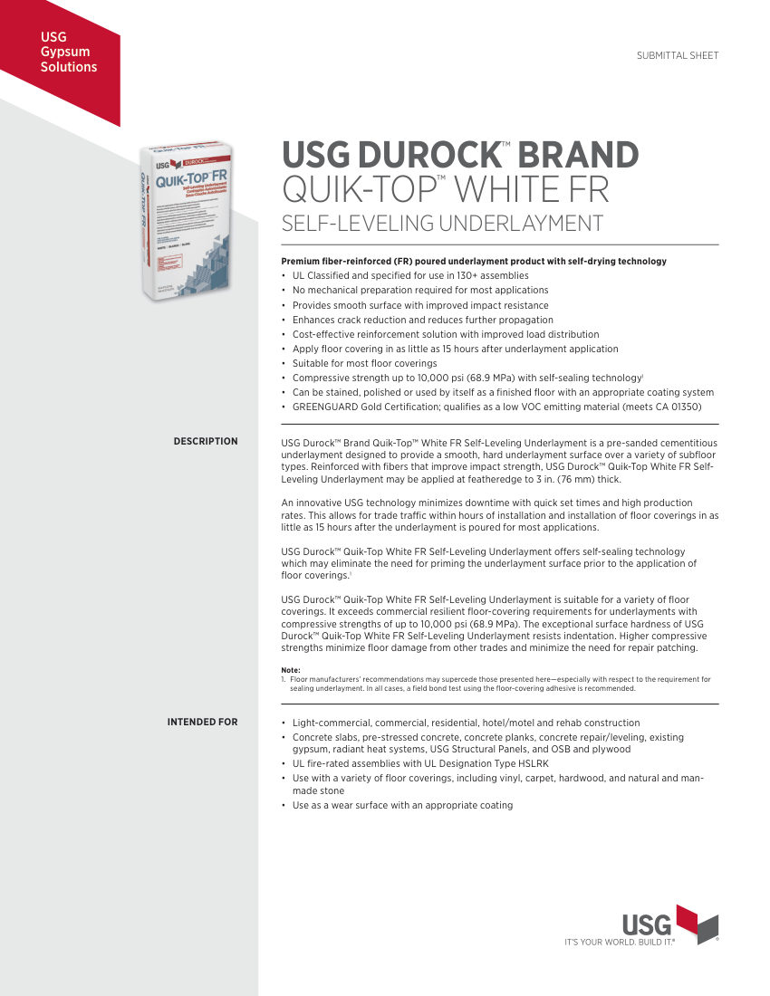 USG USG Durock™ Brand Quik-Top™ White FR & Gray FR Self-Leveling cut sheet — first page