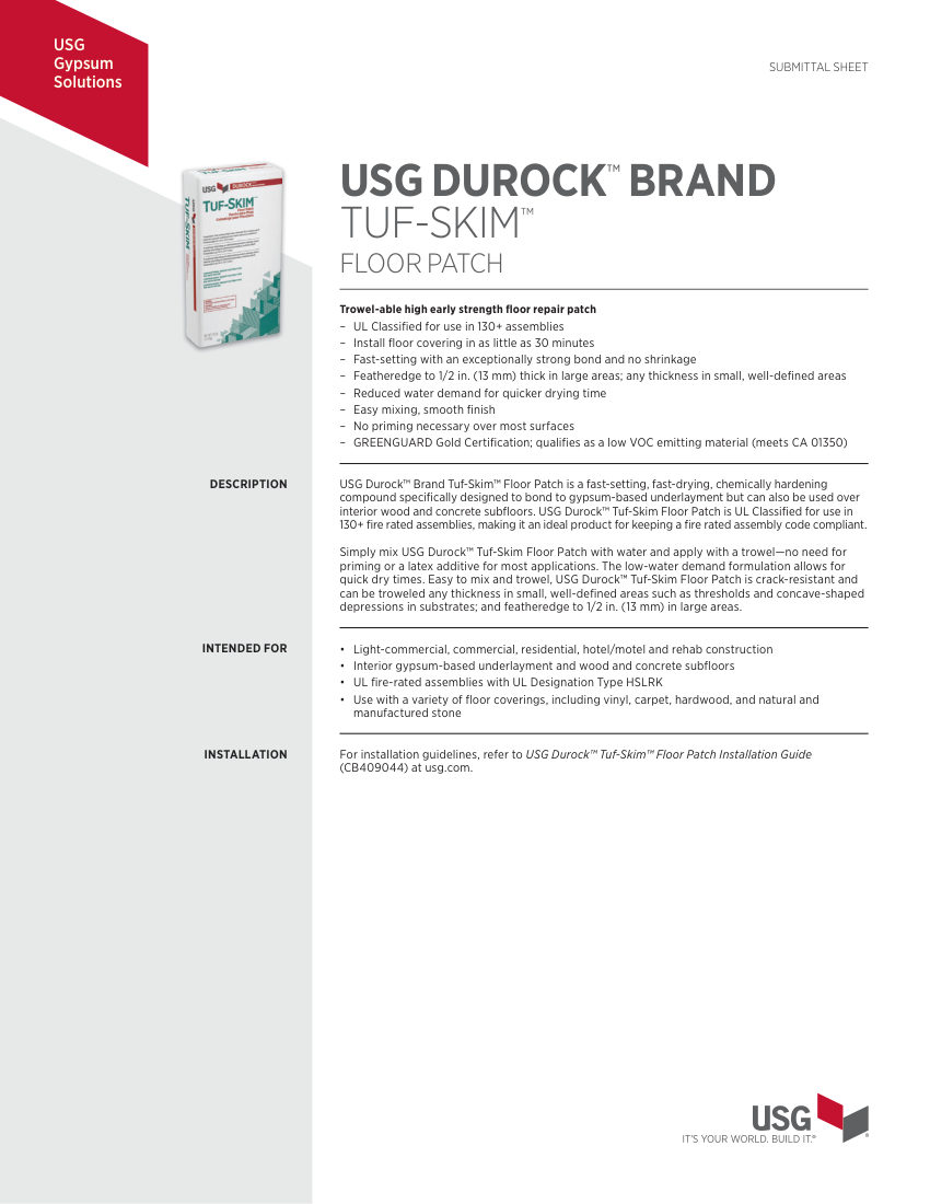 USG USG Durock™ Brand Tuf-Skim™ Floor Patch Submittal Sheet (Eng cut sheet — first page