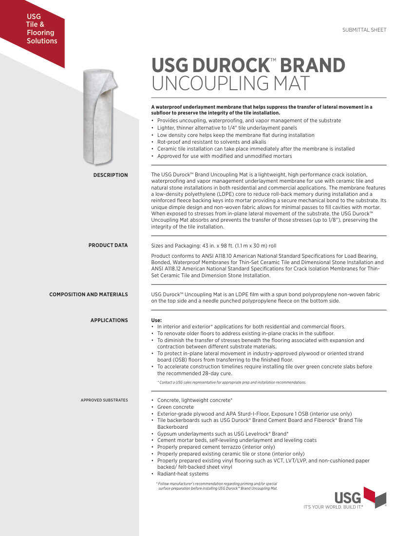 USG USG Durock™ Uncoupling Mat Submittal Sheet (English) - CB900 cut sheet — first page
