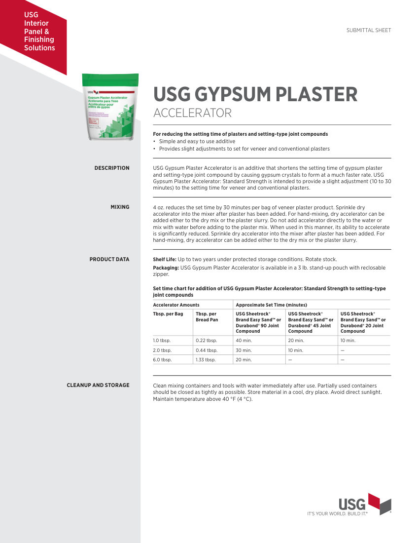 USG USG Gypsum Plaster Accelerators Submittal Sheet (English) cut sheet — first page