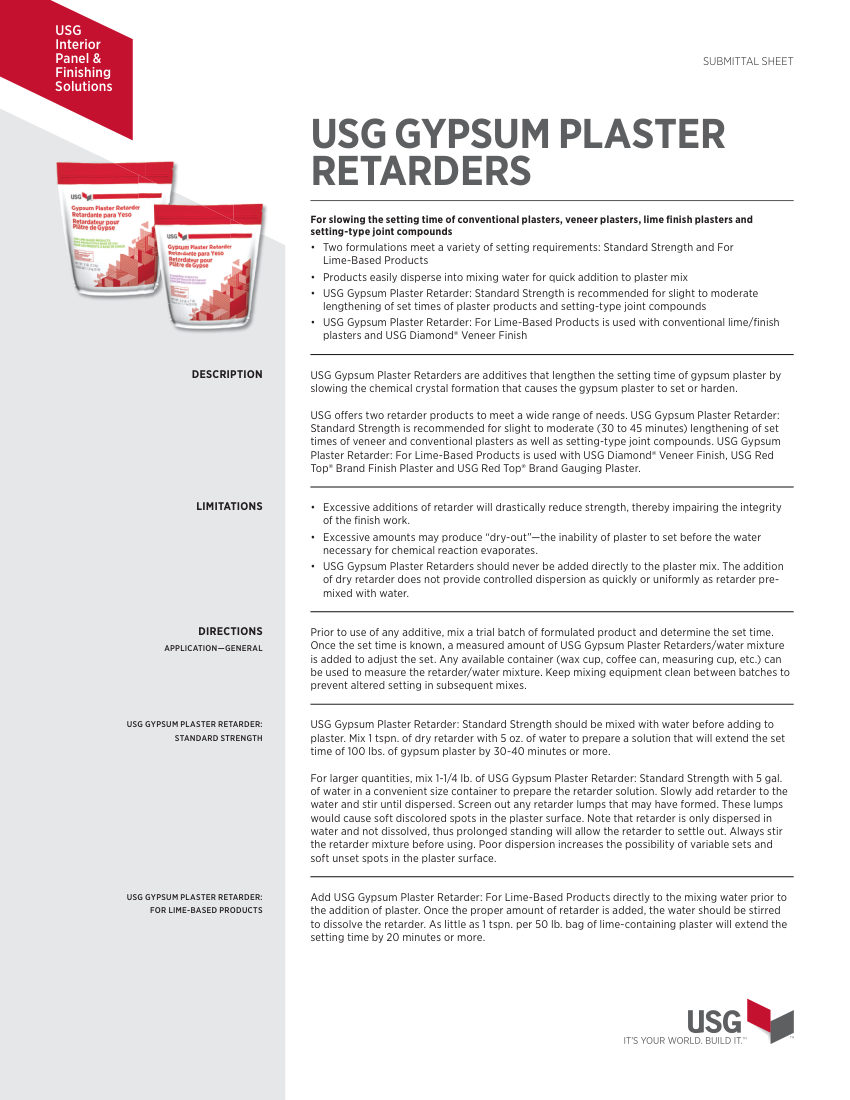 USG USG Gypsum Plaster Retarders Submittal Sheet (English) - P78 cut sheet — first page