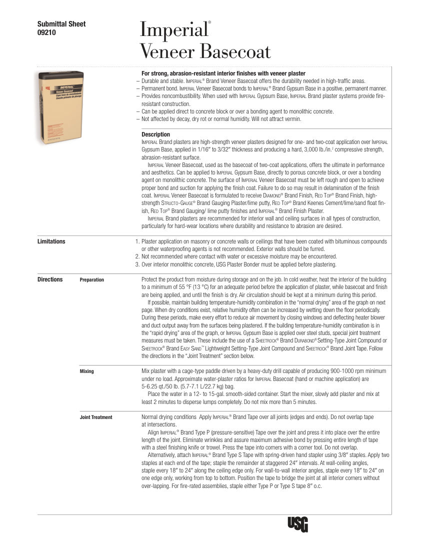 USG USG Imperial® Basecoat Plaster Submittal Sheet (English) - P cut sheet — first page