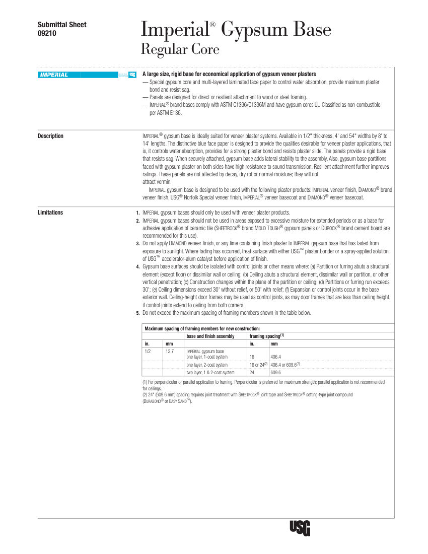USG USG Imperial® Gypsum Base (Regular Core) Submittal Sheet (En cut sheet — first page