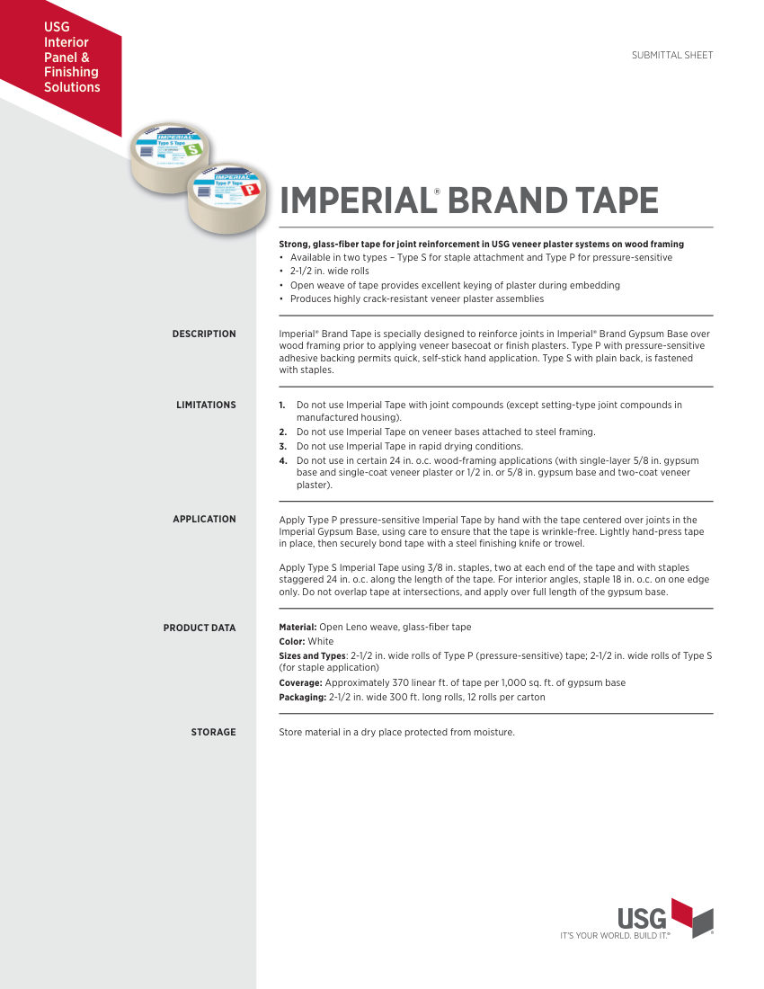 USG USG Imperial® Tape Submittal Sheet (English) - P618 cut sheet — first page