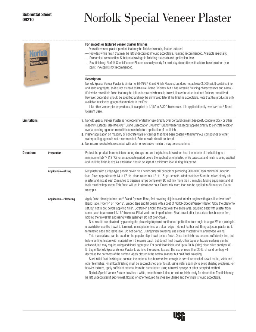 USG USG Norfolk Special Veneer Plaster Submittal Sheet (English) cut sheet — first page