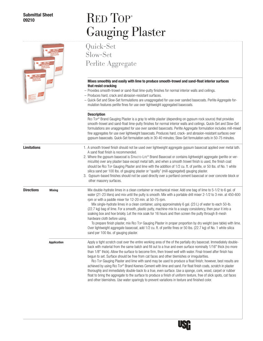 USG USG Red Top® Brand Gauging Plaster Submittal Sheet (English) cut sheet — first page