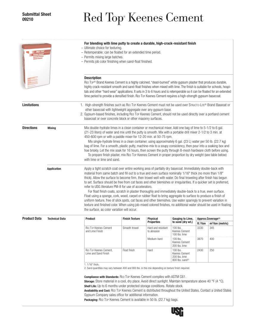 USG USG Red Top® Brand Keenes Cement Submittal Sheet (English) cut sheet — first page