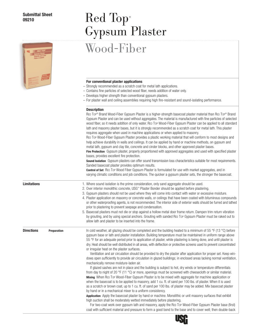 USG USG Red Top® Brand Wood Fiber Plaster Submittal Sheet (Engli cut sheet — first page