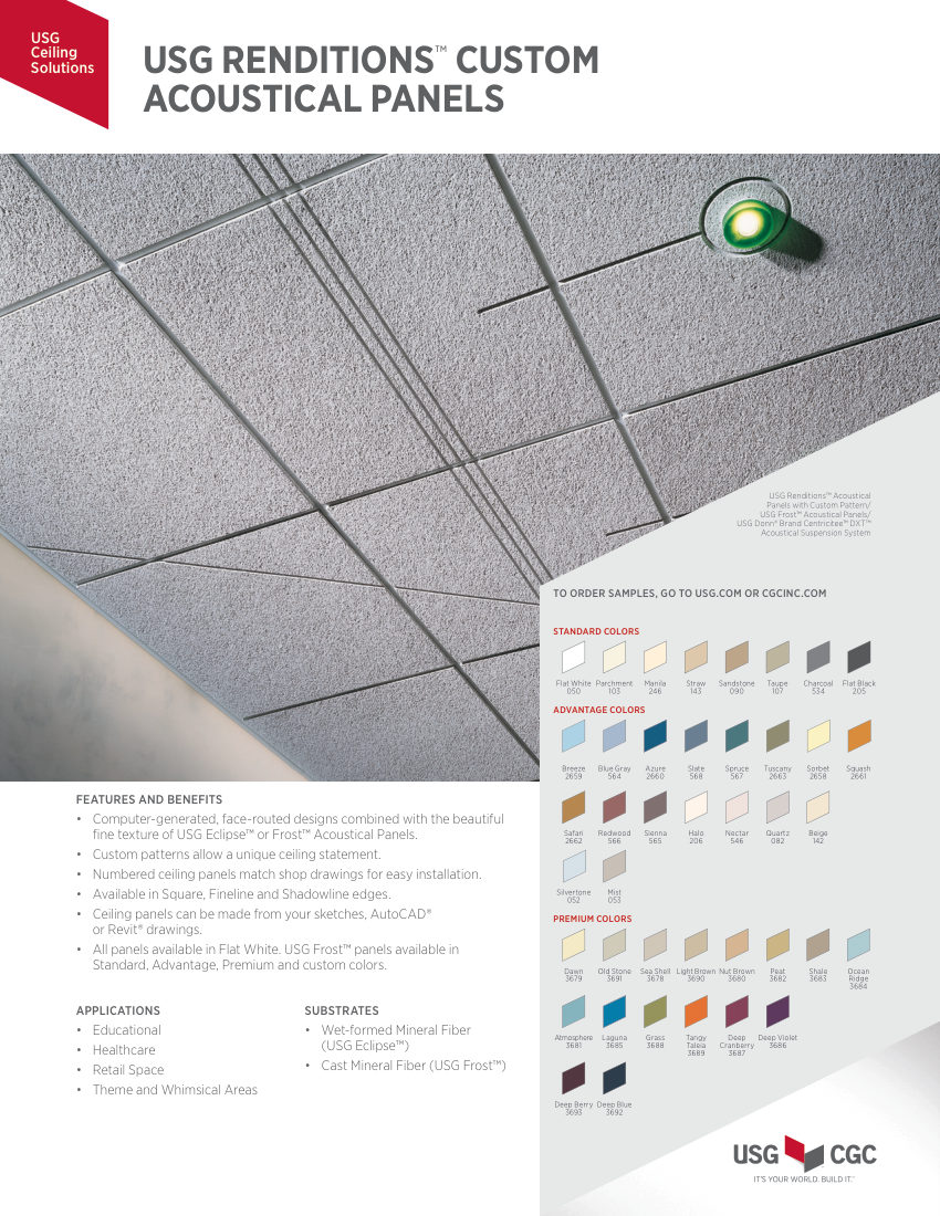 USG USG Renditions™ Custom Face-Routed Ceiling Panels cut sheet — first page
