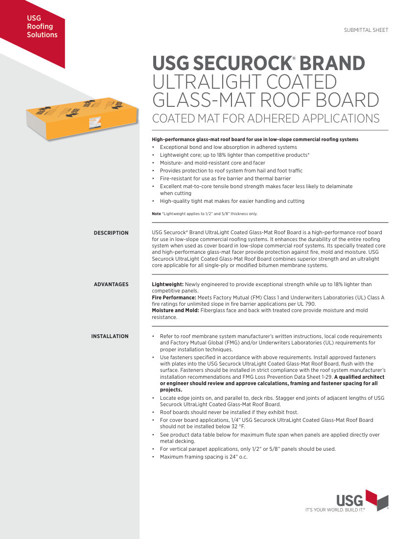 USG USG Securock® UltraLight Coated Glass-Mat Roof Board Submitt cut sheet — first page