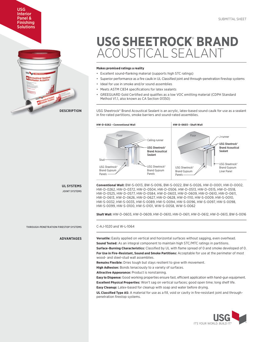 USG USG Sheetrock® Brand Acoustical Sealant Submittal Sheet (Eng cut sheet — first page