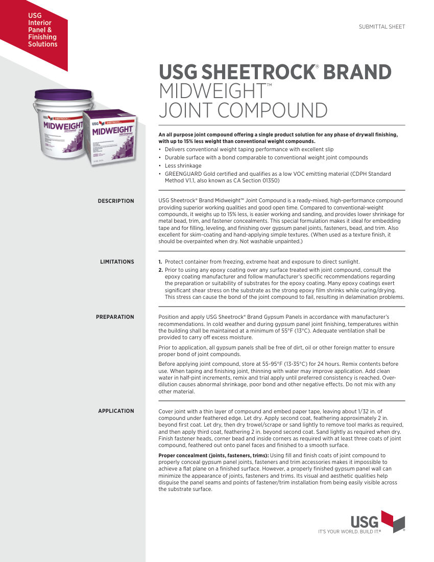 USG USG Sheetrock® Brand All Purpose Joint Compound, Midweight S cut sheet — first page