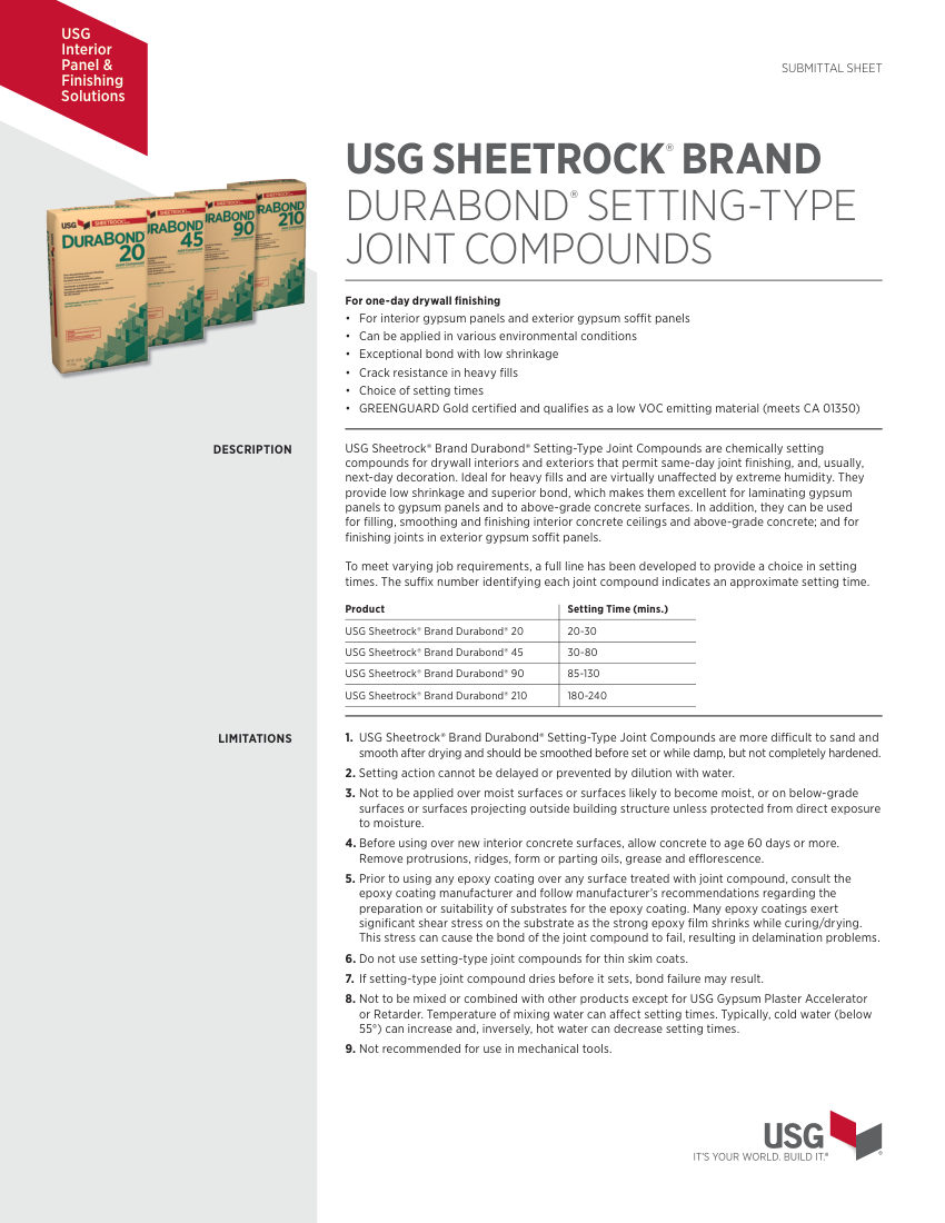USG USG Sheetrock® Brand Durabond®-20 cut sheet — first page
