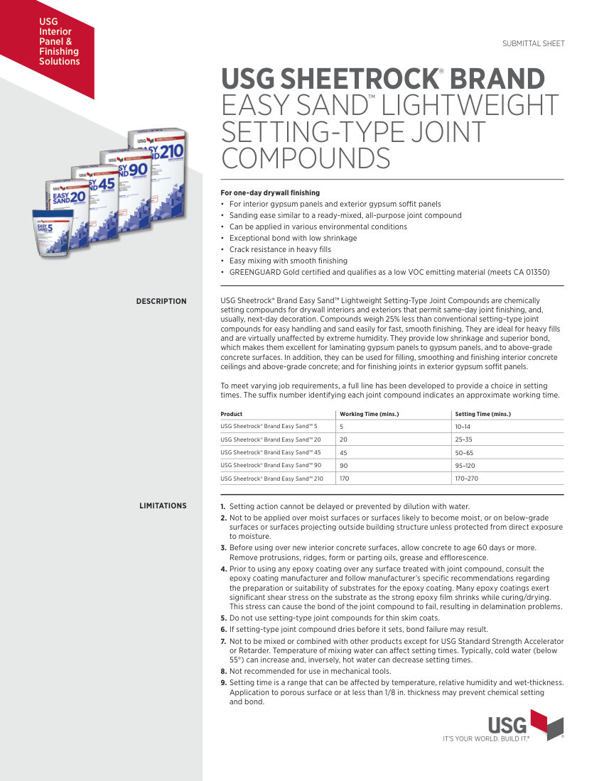 USG USG Sheetrock® Brand Easy Sand™ Lightweight Setting-Type Joi cut sheet — first page