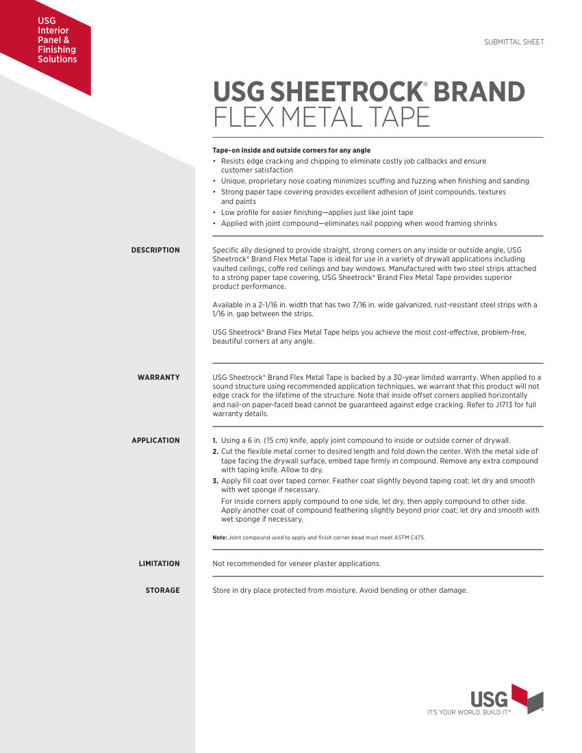 USG USG Sheetrock® Brand Flexible Metal Tape-On Corners Submitta cut sheet — first page
