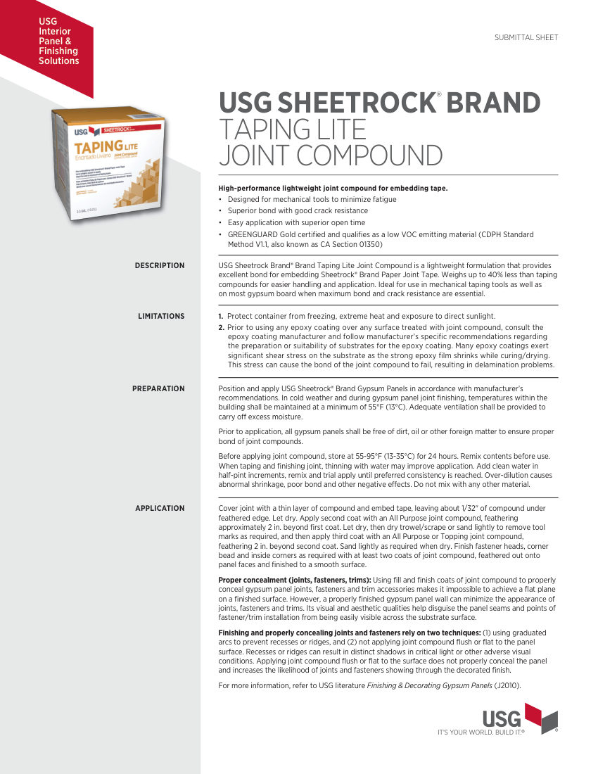 USG USG Sheetrock® Brand Lightweight Taping Joint Compound Submi cut sheet — first page