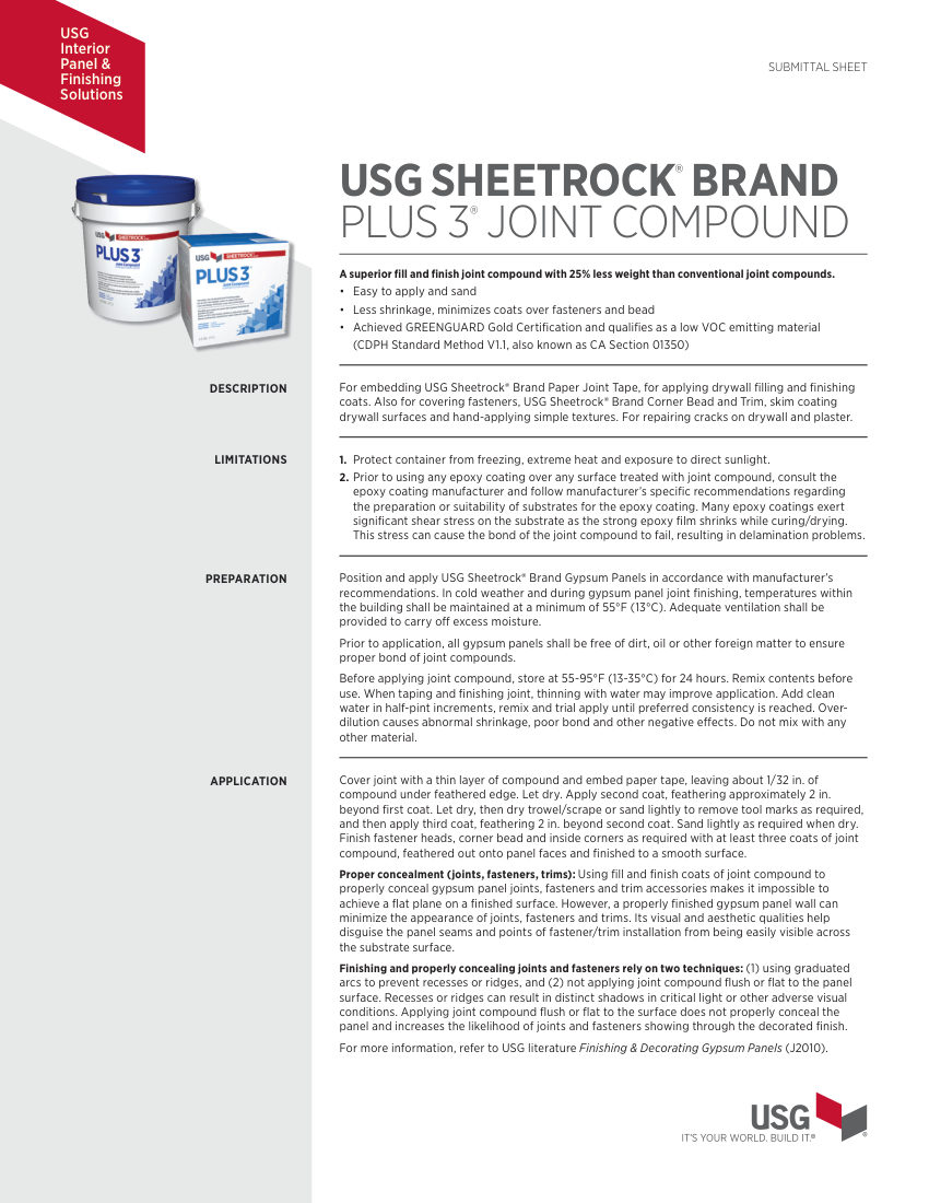 USG USG Sheetrock® Brand Plus 3™ Lightweight All Purpose Joint C cut sheet — first page