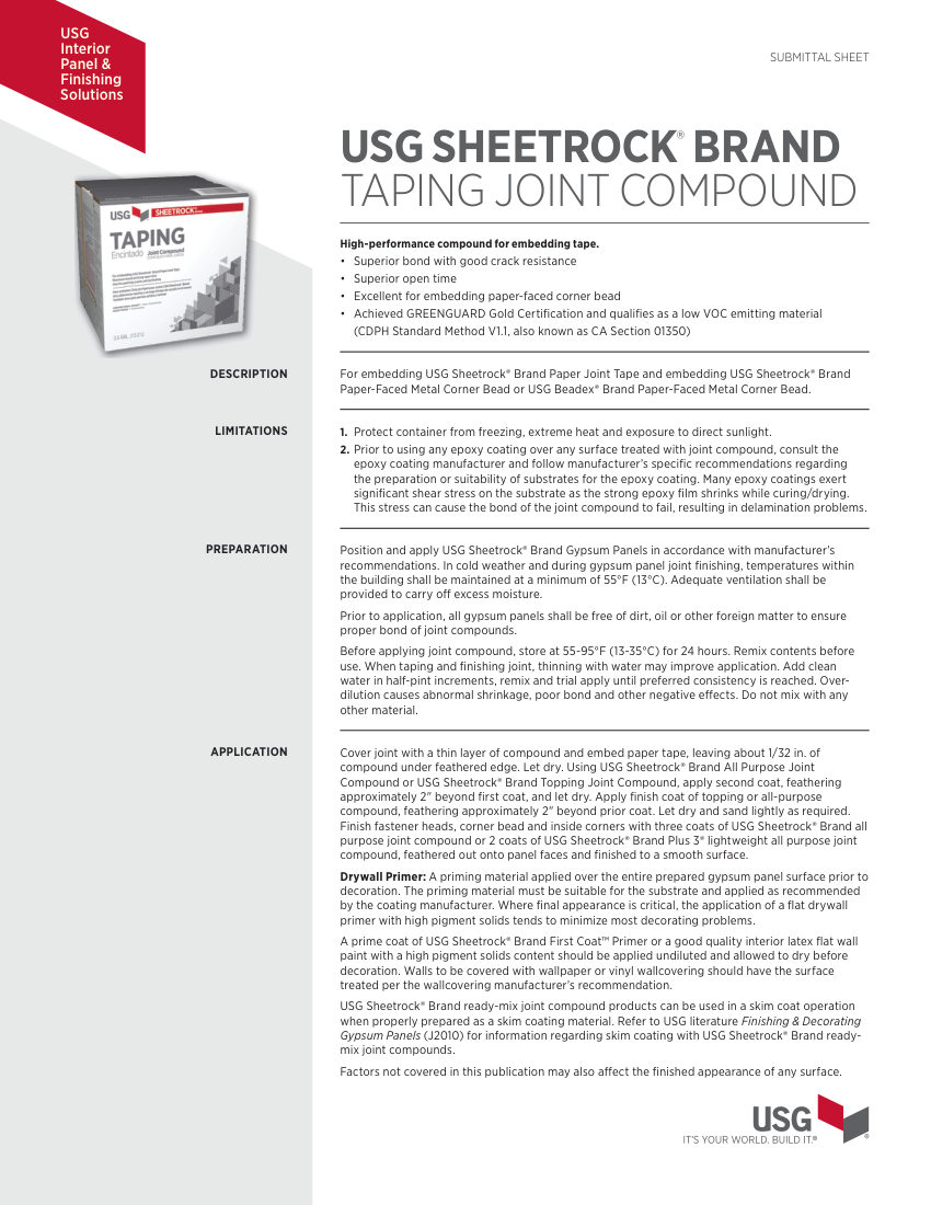 USG USG Sheetrock® Brand Taping Joint Compound Submittal Sheet ( cut sheet — first page
